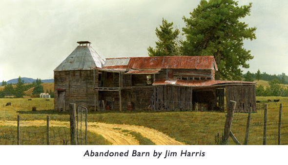 ‘Abandoned Barn’  An old barn painting dedicated to one of Jim’s favorite art teachers… an expert on techniques for painting old barns.